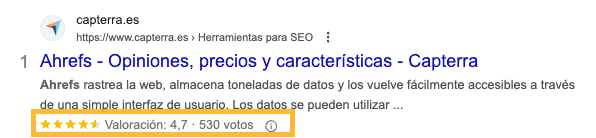 Ejemplo de fragmento enriquecido de Capterra, web de reseñas (con la página de Ahrefs)
