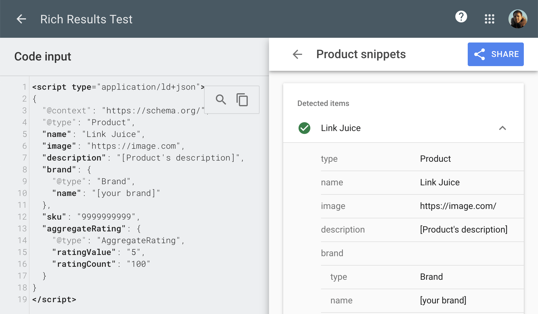 Prueba de código en la prueba de fragmentos enriquecidos de Google