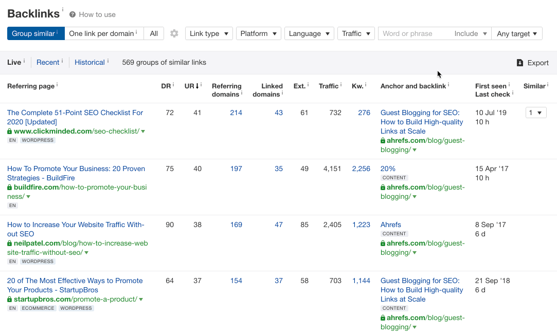 backlinks report include filter 1