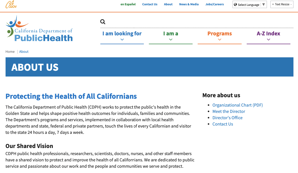 About page of California's public health department