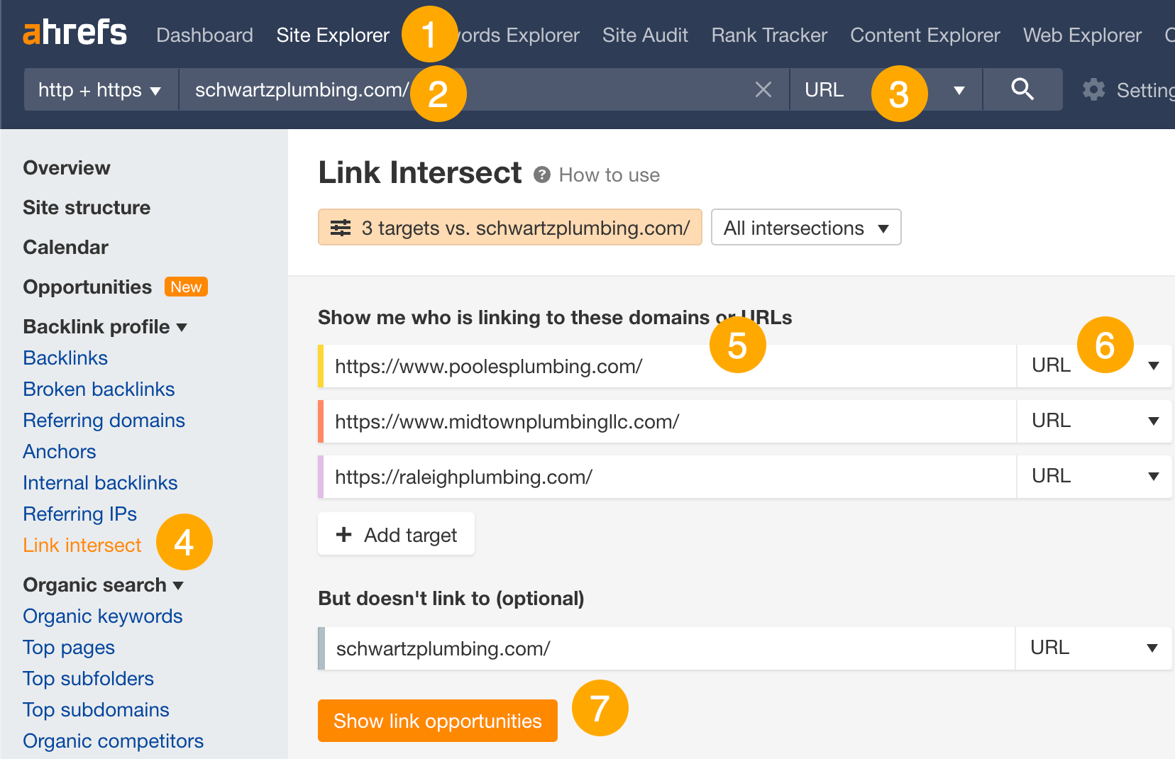 使用 Ahrefs Site Explorer(网站分析)中的的 Link Intersect(交集外链分析)报告查找多个竞争对手的链接