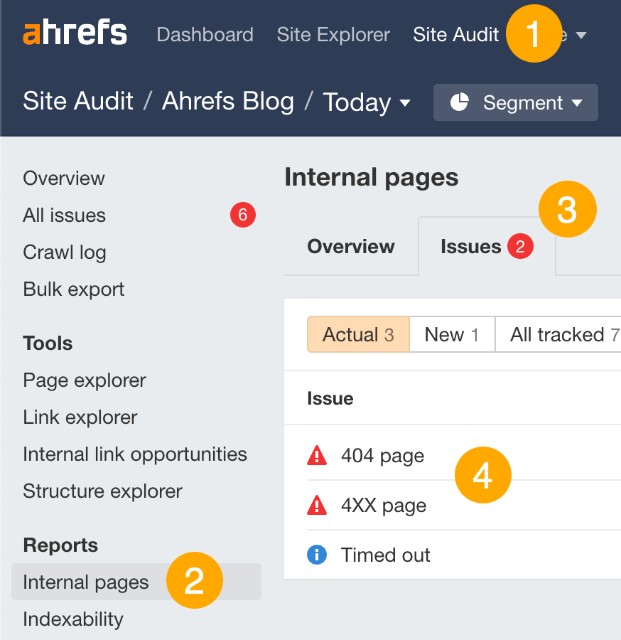在 Ahrefs' Site Audit(网站诊断)中查找失效的链接