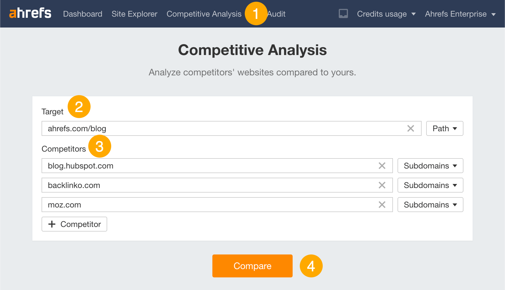 使用 Ahrefs 的 Competitive Analysis tool(竞争对手分析)工具进行竞争对手分析