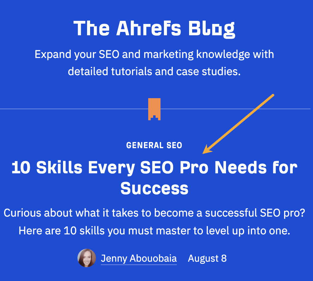 Ahrefs 博客主页指向新文章的内部链接示例
