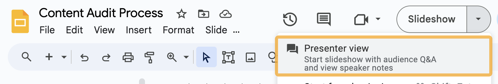 How to open the content audit process in presenter view