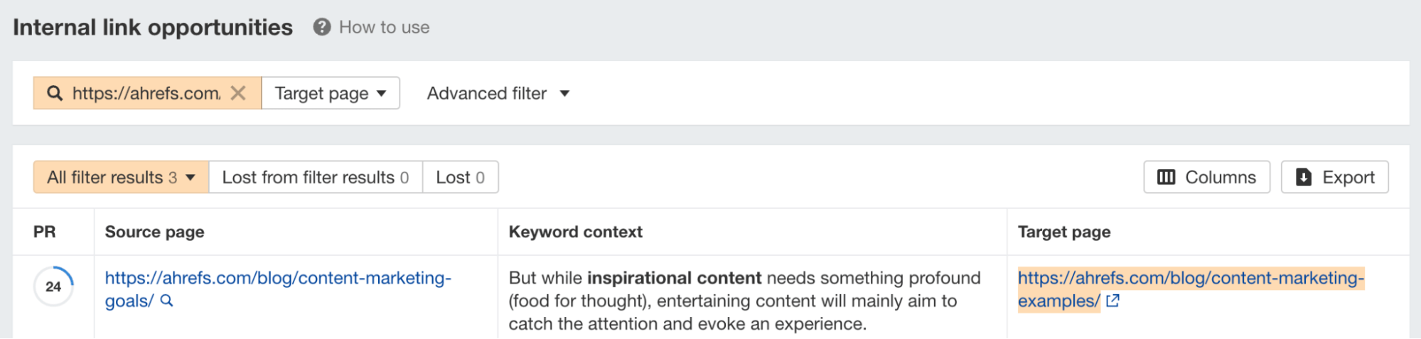 Example of an internal linking opportunity, via Ahrefs' Site Audit