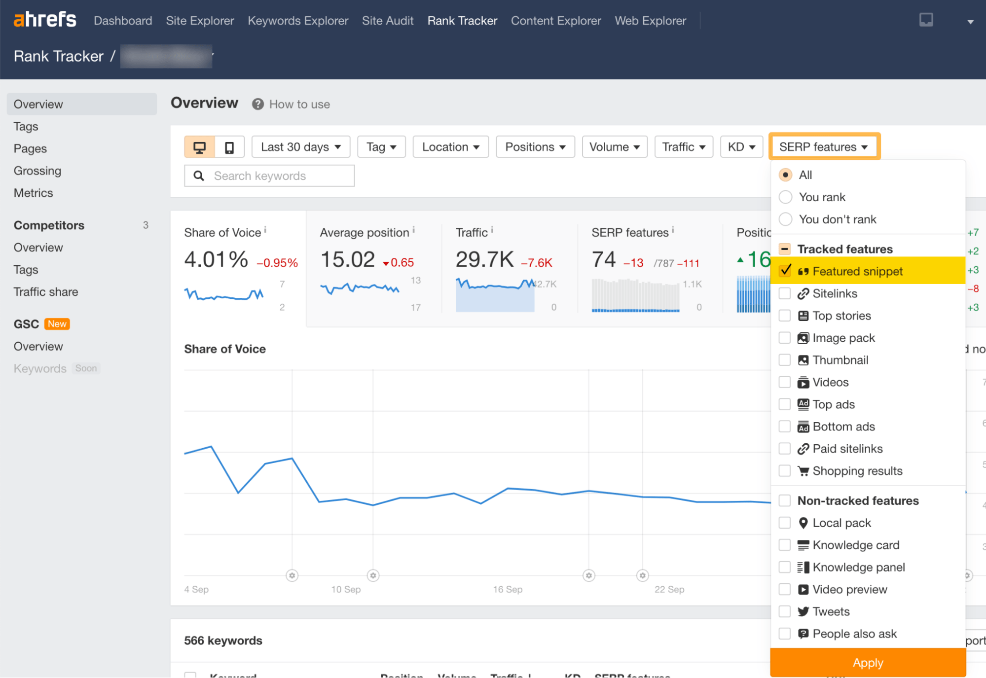 SERP features drop down menu, selecting featured snippets, via Ahrefs' Rank Tracker