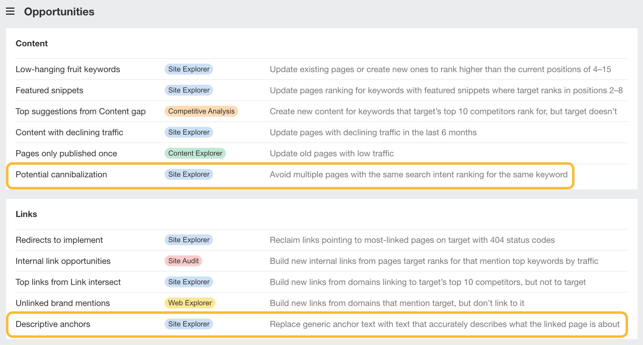 Site Explorer new Opportunities